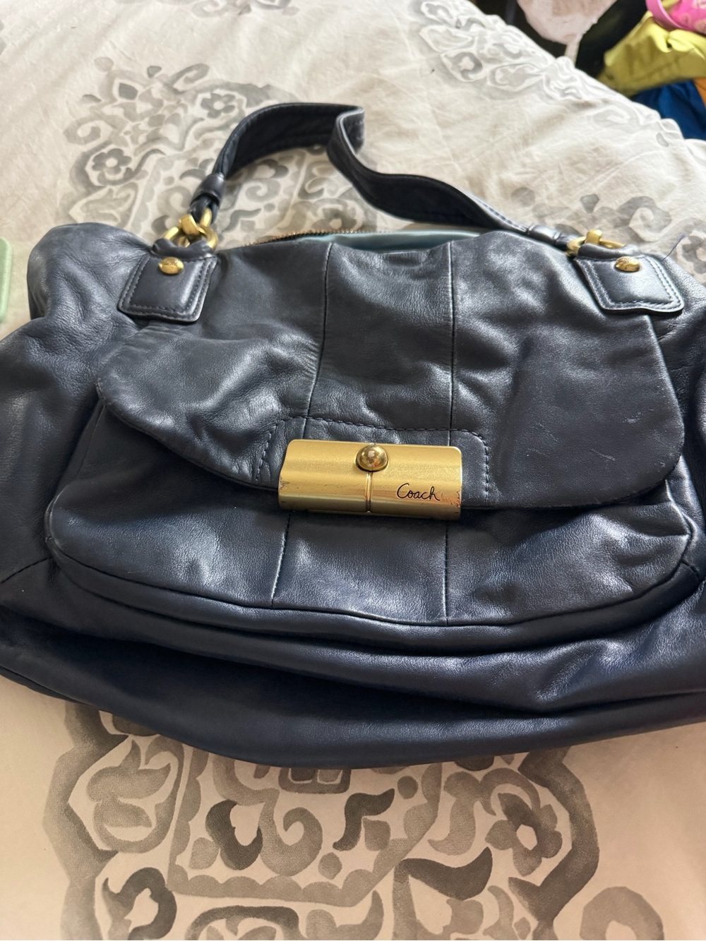 Coach Navy Leather Shoulder Bag with Gold Hardware